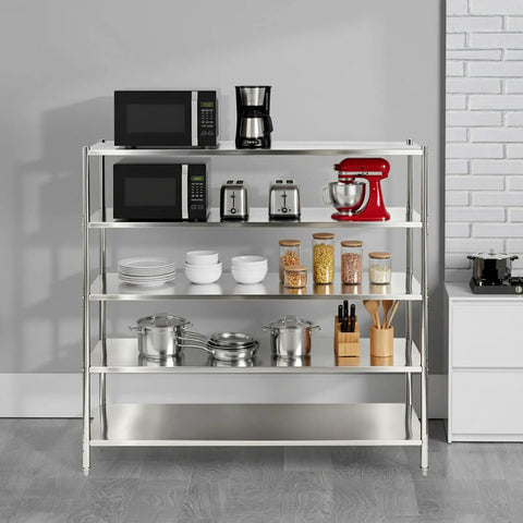 Built Tough Five Tier Stainless Steel Storage Rack Heavy Duty Adjustable Metal Shelving Unit Designed For Heavy Hauls And Home Organization With 330 Pound Capacity Per Shelf Garage Ready Silver Finish showcasing kitchen appliances and utensils.