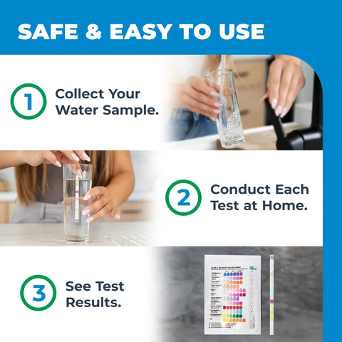 Image showing usage steps for Straight Up Pro 14 In 1 Drinking Water Test Kit for quick lead, bacteria, and nitrate testing.