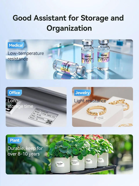 Image displaying applications of storage and organization solutions in medical, office, jewelry, and plant environments.