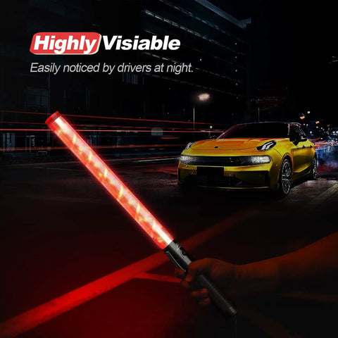 10 Pack 21 Inch LED Traffic Wands With Dual Flashing Modes High Visibility Safety Baton in dark street next to car