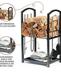Two Tier Firewood Rack for Indoor Outdoor Use with Fireplace Tools Set Including Brush Shovel Poker Tongs Waterproof Steel Log Holder in Black Wrought Iron Look Easy Organization by the Hearth 17x12x29 with firewood and books