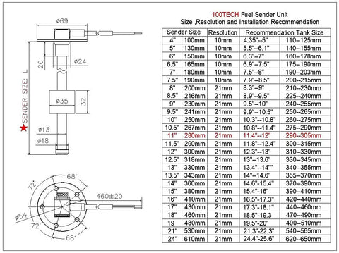 Diagram of Stainless Steel Fuel Sending Unit with OKI Reed Switch 240-33 Ohm 11 Inch Arm Type Replacement dimensions and installation guide.