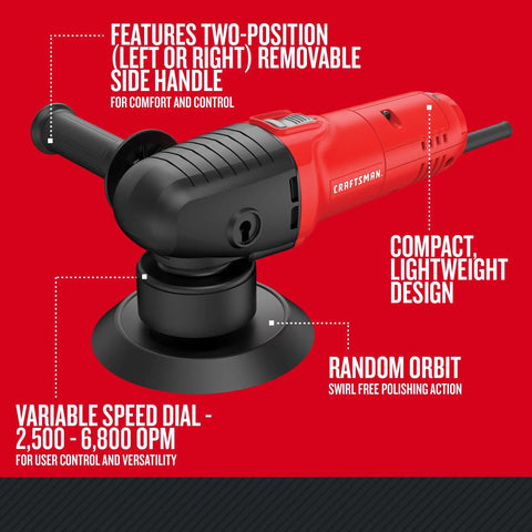 Variable Speed Random Orbit Polisher 6 Inch With 4.5 Amp Motor, 2,500-6,800 OPM, shown with removable side handle.