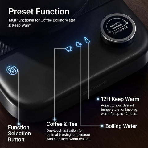 Preset function panel of Gooseneck Electric Kettle With Plus Or Minus One Degree Fahrenheit Precision Temperature Control For Pour Over Coffee And Tea.