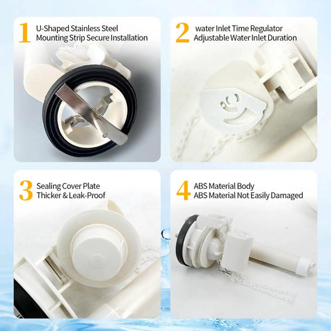 Heavy Duty Two Inch Toilet Flush Valve Replacement For One Piece And Integrated Tanks showing stainless steel, ABS material, water inlet regulator.