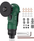 EYPINS mini pneumatic chamfering tool, green body with large black disc; 1/4in inlet, includes 16 blades and accessories.