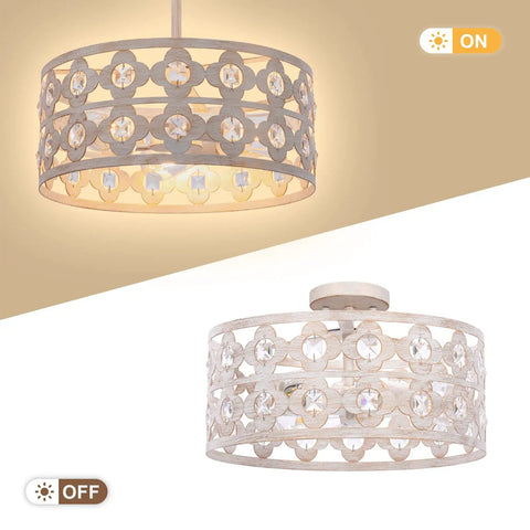 Semi Flush Mount Ceiling Light Fixture With Crystal Accents, Modern Farmhouse Style, Antique White Finish, On and Off View