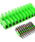 Front view of green Pliers Organizer Rack With 10 Slots For Pliers And Cutters Non Slip Rubber Base Keeps Your Tools Neat Versatile Tool Storage For Drawer Use Extending Pliers Holder Fits 3 Inch And Above Drawers Green, displaying inserted pliers.