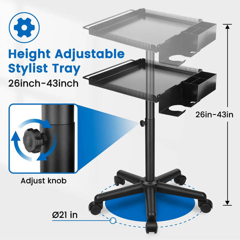 Height adjustable stylist tray of Heavy Duty Smooth Operator Rolling Salon Cart With Bounce Free Metal Trays And Ample Storage Platform.