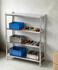 Knockout Four Tier Stainless Steel Shelving Rack With Adjustable Heights And Rock Solid 330 Pounds Heavy Duty Frame Built Tough For Garage Basement Or Kitchen Space Saving Storage Silver with tools organized in blue and silver bins.