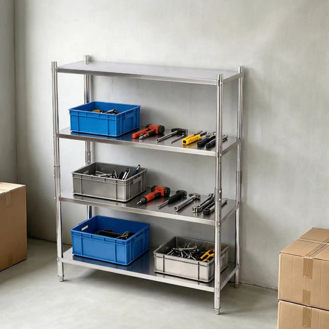 Knockout Four Tier Stainless Steel Shelving Rack With Adjustable Heights And Rock Solid 330 Pounds Heavy Duty Frame Built Tough For Garage Basement Or Kitchen Space Saving Storage Silver with tools organized in blue and silver bins.