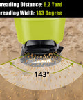 Cordless Salt And Seed Spreader For Ryobi 18V Battery, adjustable spout showing 143° spreading width over soil surface