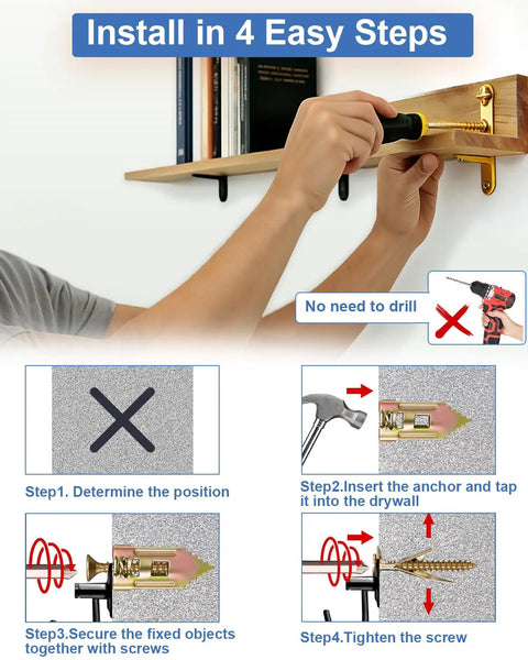 Heavy Duty Gold Self Drilling Drywall Anchors With Screws 160 Piece Kit Includes Practical Box steps for installation on drywall shelves.