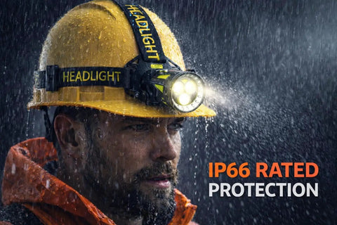 Man wearing Rechargeable Headlamp With Red And White Light 800 Lumens From High Output Pro LED Chip in rain with IP66 protection.