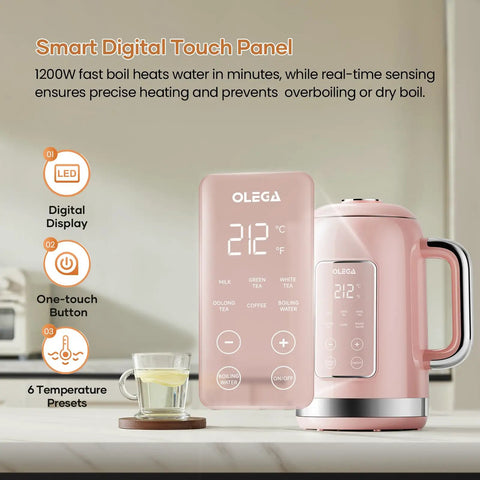 1.5L Stainless Steel Smart Electric Kettle With Temperature Control, Six Precise Presets, 1200W Fast Boil, Pink Finish