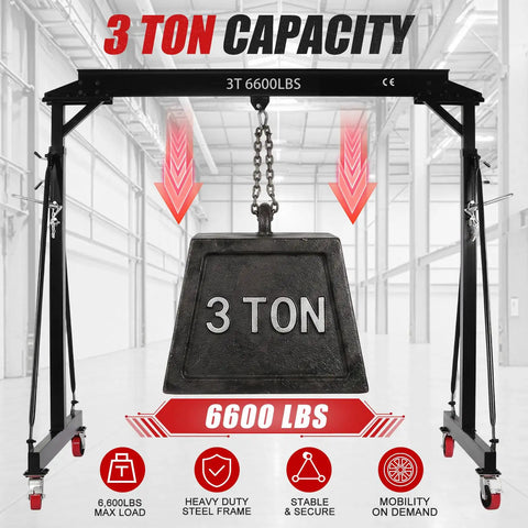 Bulletproof 3 Ton Gantry Crane Featuring Adjustable Height Reinforced Triangular Base Portable Alloy Steel Shop Hoist Workhorse For Mechanics And Workshop Sites with 6600 lbs weight.