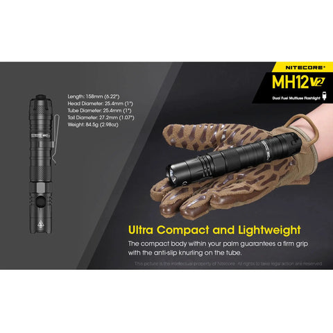 MH12V2 Plus NL2150 1200 Lumen USB Rechargeable Tactical Flashlight held on camo gloves showing grip and compact design