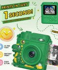 Kids Camera With Instant Print For Fun Snaps, Epic Birthday Gift For Ages 4 To 10, For Girls And Boys, Safe Durable Toy With Easy Paper Prints And Kid Friendly Design. green instant print kids camera with dinosaur case and sample photos