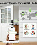 Slick WiFi Smart Door Lock For Front Door Keyless Entry Deadbolt With Handle Set. Displaying mobile app controls and various code options.
