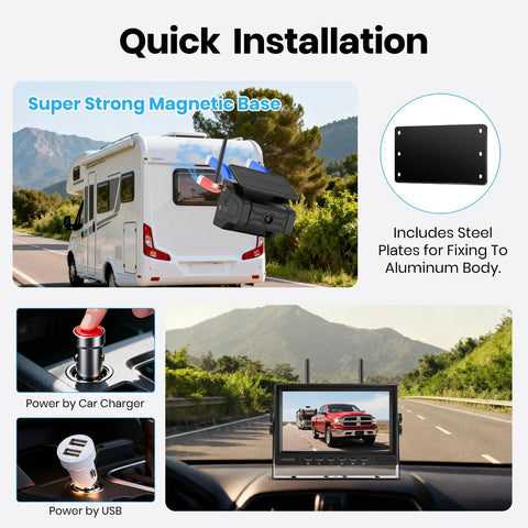 Hustle Free Magnetic Solar Wireless Backup Camera With Seven Inch HD Split Screen Monitor showing quick installation features.