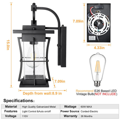 Smart Dusk To Dawn Outdoor Wall Light Fixture With Auto Sensor, waterproof anti rust sconce dimensions and specifications