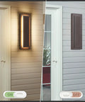 Brown Outdoor Wall Sconces, Super Bright Led Entryway Fixtures on wall, showing ON/OFF effect, sleek acrylic design.