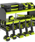 Power Tool Organizer With Five Drill Holders And Wall Mount Shelf displaying tools and drills, heavy duty green storage unit.