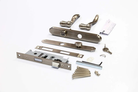 Storm Door Handle Set With Keyed Deadbolt, Brushed Nickel Revere Mortise Lever Pair components spread out