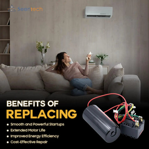 Heavy Duty Hard Start Capacitor Kit For HVAC AC Compressors 189 To 227 Mfd And 208 To 240 Volt on a couch with a woman relaxing.