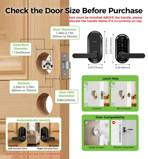 Secure Your Pad With This Beefed-Up Smart Lock And Keypad Handle dimensions guide on a wooden door.