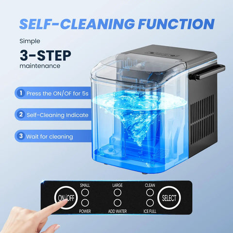 Self-cleaning function of Top Notch Portable Ice Maker Creating Nine Bullet Cubes In Six Minutes, Slays Summer Heat With Twenty Six Pounds Daily.