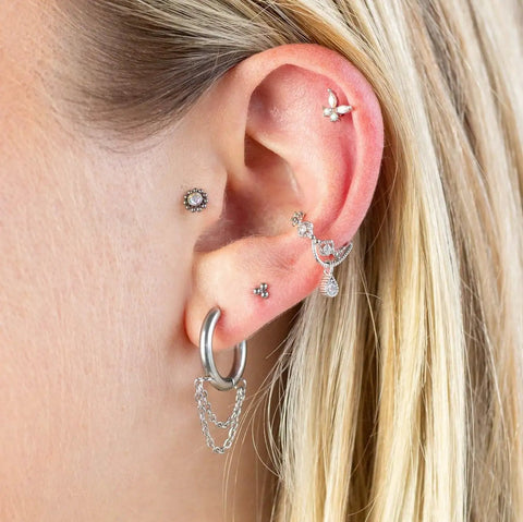 Gold PVD Titanium Threadless Push In Triple Ball Cluster Flat Back Ear Stud For 16 20 Gauge 6mm Or 8mm Bar Length 3mm Balls Implant Grade ASTM F 136 Body Jewelry in ear piercing