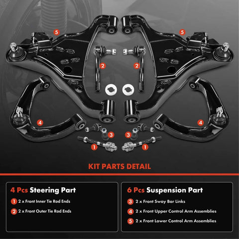 10 Piece Front Suspension Repair Kit With Upper Lower Control Arms Ball Joints Bushings Smooth Ride Refresh For Nissan Frontier 2005 To 2018 Pathfinder Xterra kit parts detail showing arms and links.