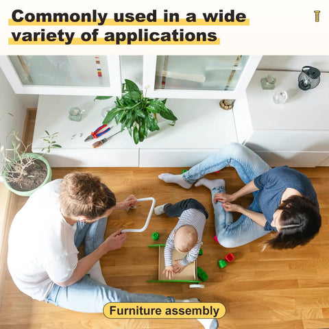 Family assembling furniture together using tools in a cozy living room. Heavy Duty Crib Replacement Screws And Barrel Nuts With Hex Key Wrench For Baby Bed Frame Assembly Solid Hardware Kit Includes Twenty Four M6 X 60 MM Fasteners For Quick No Sweat Nursery Setup And A Grip That Locks Tight.