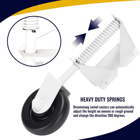 Spring Loaded Gate Caster Kit with heavy duty springs and 4.3 inch castor wheel, ideal for wooden and PVC fences support.