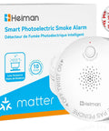 Hella Smart Smoke Detector With Matter Thread Protocol integrated with packaging showing features and installation instructions.