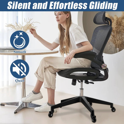Woman sitting on a chair with 28 Inch Heavy Duty Office Chair Base Replacement With Wheels Set Of 5 Universal Gas Cylinder Hole Caster Sockets Desk Chair Base Replacement For Most Office Study Vanity Chairs Durable 4 Inch Base Height.