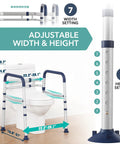 Adjustable Toilet Safety Rails For Seniors Rock Solid Bathroom Grab Bars in height and width adjustments next to toilet.