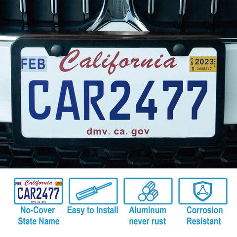 Front view of the 2-Pack Matte Black License Plate Frames, Rust-Proof Aluminum 12.25 x 6.25 Inch, showcasing state label visibility.