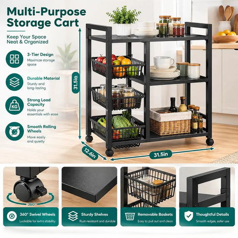 Portable Storage Rack With 4 Tier Shelving And 3 Side Wire Baskets A Real Deal Heavy Duty Cart That Delivers Big Time For Hassle Free Garage Pantry Organization Setups with three tiers, black steel, smooth rolling wheels.