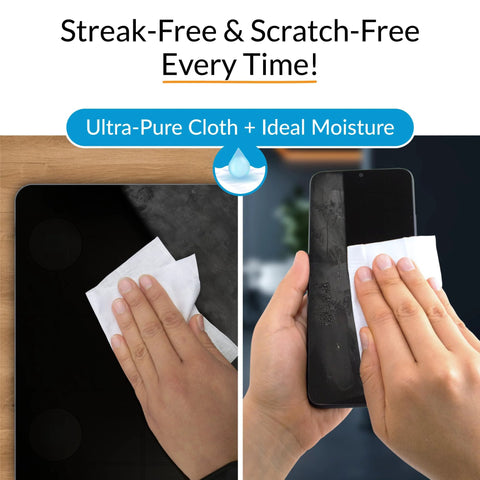 iCloth Large Screen Cleaning Wipes for Electronics by Amazon; hands wipe tablet and smartphone screens with a lint-free cloth.