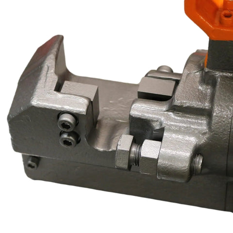 Close-up view of the cutting jaw of the Heavy Duty Portable Electric Hydraulic Rebar Cutter for one inch steel bars.