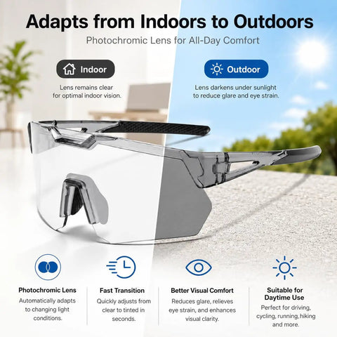 Slick Heavy Duty Photochromic Polarized Safety Glasses With Impact Resistant Lenses For Outdoor Work Featuring Smooth Transition Shades And Dead Serious Anti Glare Protection In Classic Grey, showcasing indoor to outdoor adaptation.