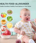 Baby being fed with food prepared using All-In-One 5-In-1 Immersion Hand Blender with 500W Power and Quick-Connect Attachments.