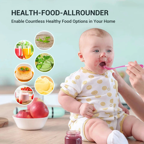 Baby being fed with food prepared using All-In-One 5-In-1 Immersion Hand Blender with 500W Power and Quick-Connect Attachments.