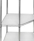 Solid Five Tier Corner Shelf With Sleek Chrome Finish And Fully Adjustable Heights Featuring Clear Protective Liners For Zero Sweat No Tool Assembly And Clean Space Saving Storage That Really Slaps In Any Room, close-up of chrome frame and clear liners.