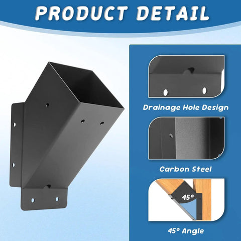 Beefy 8 Pack 45 Degree Pergola Brackets for 4x4 Posts in black weatherproof steel, showing drainage holes and carbon steel construction