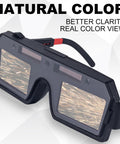 Auto Darkening Welding Goggles With Solar Powered Lens And Rapid Arc Response For Bulletproof Eye Shield And Crisp Sightlines During Heavy Duty Shop Floor Grind Pro Grade Visor, showing lenses with sparks.
