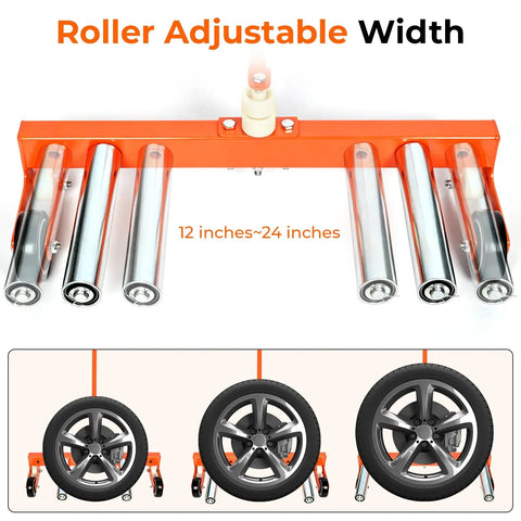 Heavy Duty Adjustable Two Wheel Tire Dolly With 660 Lb Capacity Built Solid Steel Frame showing adjustable rollers for various tire widths