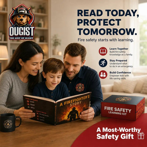 Family reading a fire safety book together, promoting heavy duty ABC fire extinguisher squad learning. Educational safety kit.